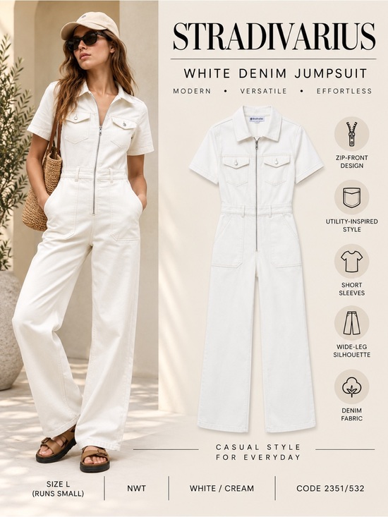 stradivarius Pants - Stradivarius White Denim Utility Jumpsuit Size L NWT Zip Front Wide Leg One Piec